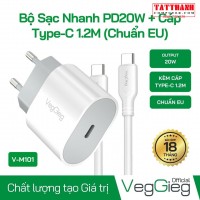 Bộ Sạc Nhanh PD20W + Cáp Type-C 1.2M (Chuẩn EU) - VegGieg V-M101