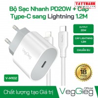Bộ Sạc Nhanh PD20W + Cáp USB-C sang Lightning cho iPhone 1.2M (Chuẩn EU) - VegGieg V-M102